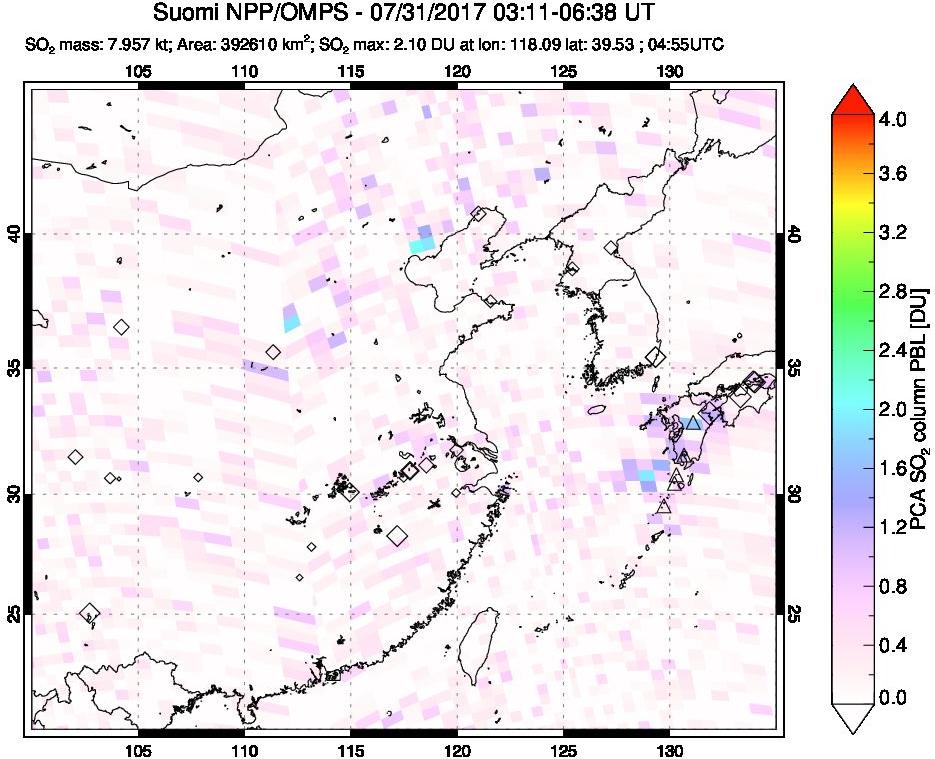 A sulfur dioxide image over Eastern China on Jul 31, 2017.