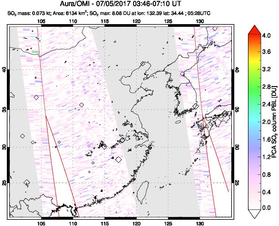 A sulfur dioxide image over Eastern China on Jul 05, 2017.