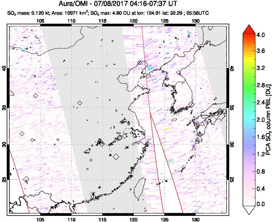 A sulfur dioxide image over Eastern China on Jul 08, 2017.