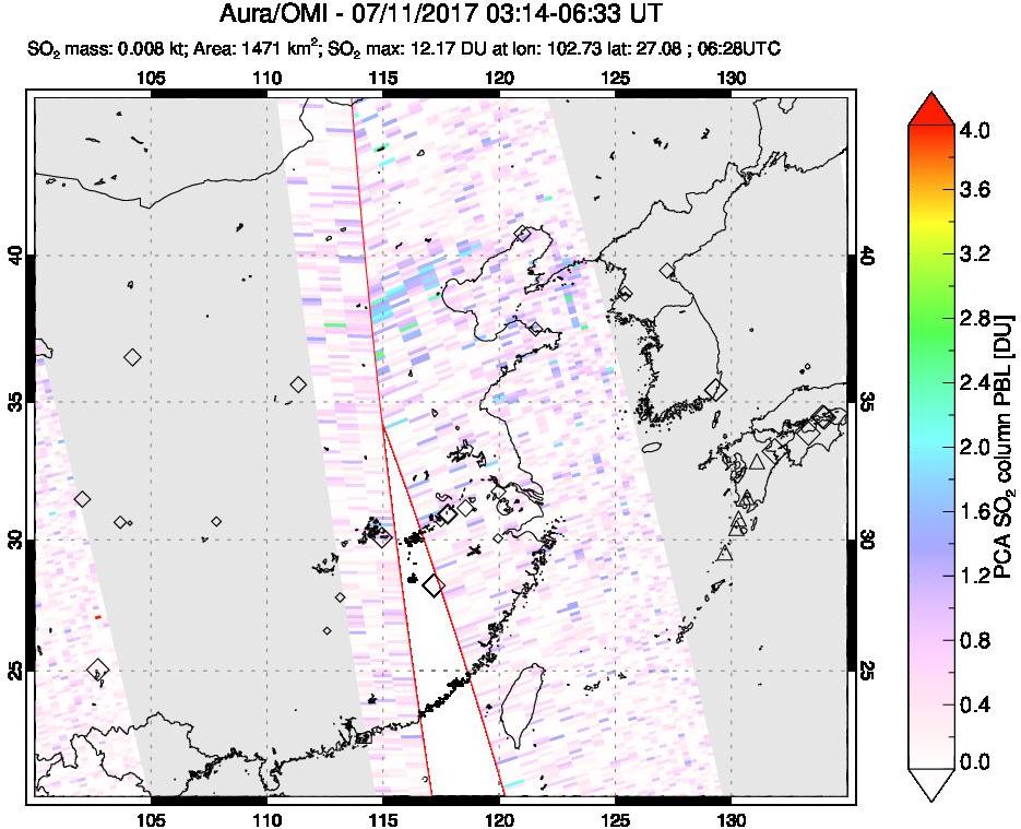 A sulfur dioxide image over Eastern China on Jul 11, 2017.