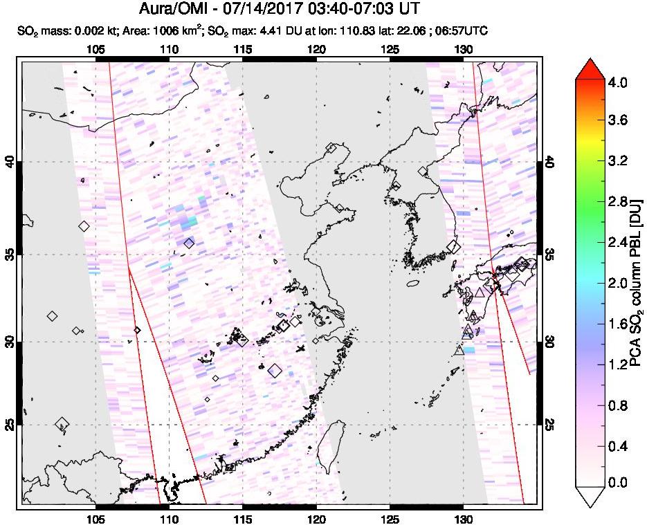 A sulfur dioxide image over Eastern China on Jul 14, 2017.