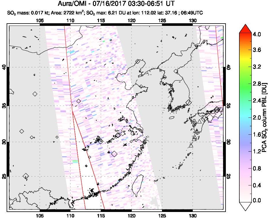 A sulfur dioxide image over Eastern China on Jul 16, 2017.