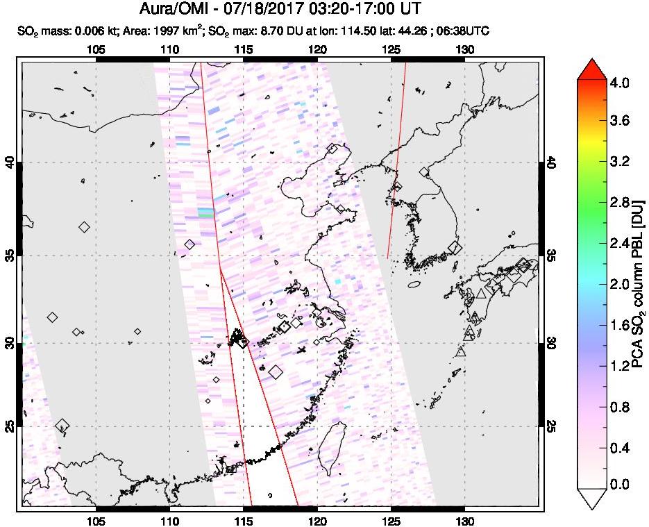 A sulfur dioxide image over Eastern China on Jul 18, 2017.