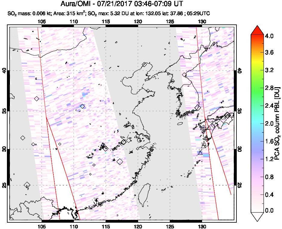 A sulfur dioxide image over Eastern China on Jul 21, 2017.