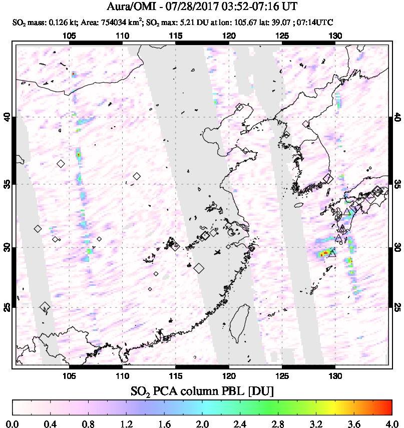 A sulfur dioxide image over Eastern China on Jul 28, 2017.