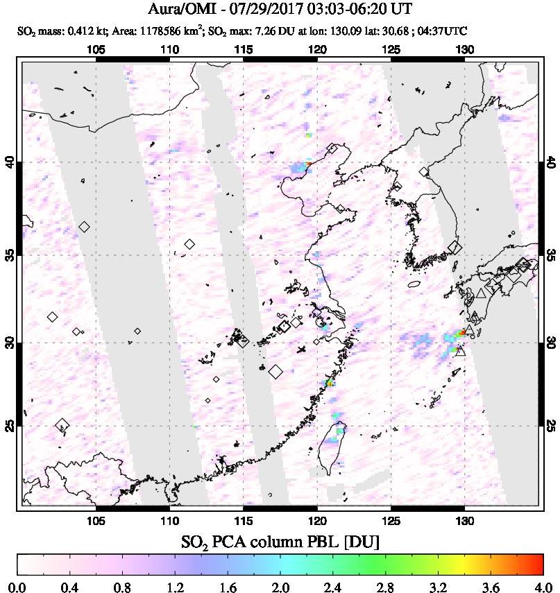 A sulfur dioxide image over Eastern China on Jul 29, 2017.