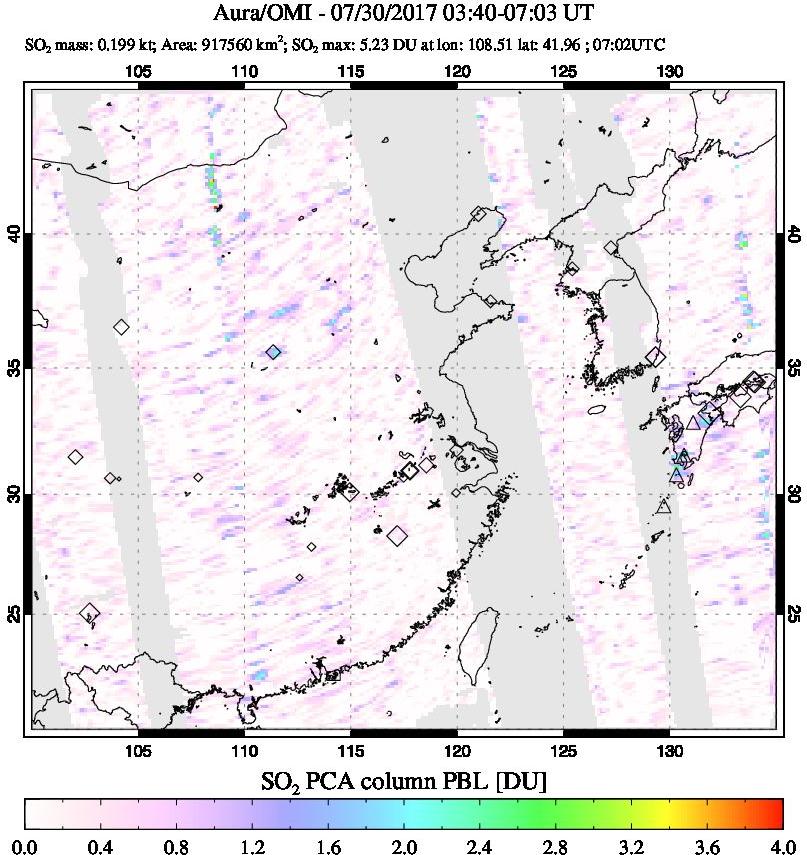 A sulfur dioxide image over Eastern China on Jul 30, 2017.
