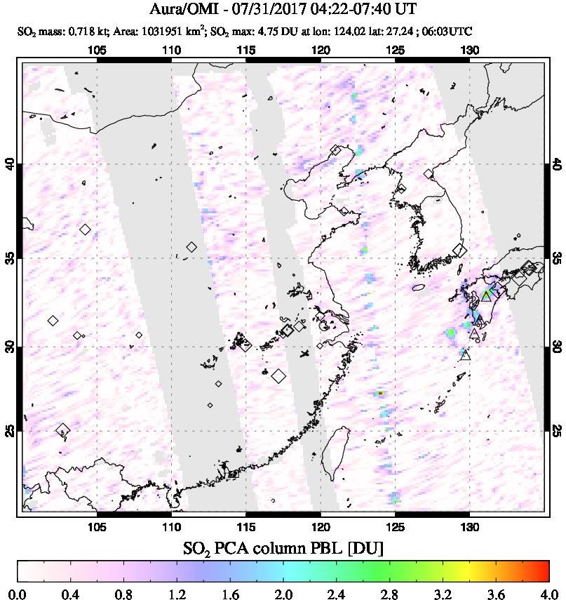 A sulfur dioxide image over Eastern China on Jul 31, 2017.