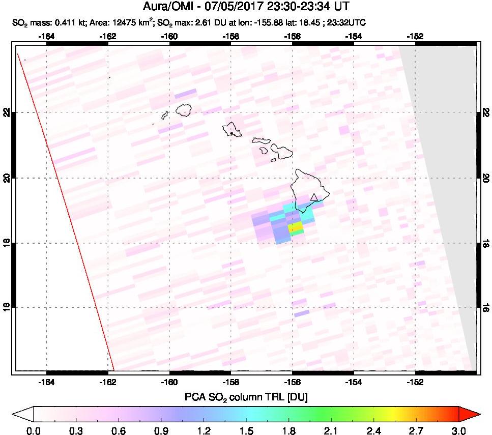 A sulfur dioxide image over Hawaii, USA on Jul 05, 2017.
