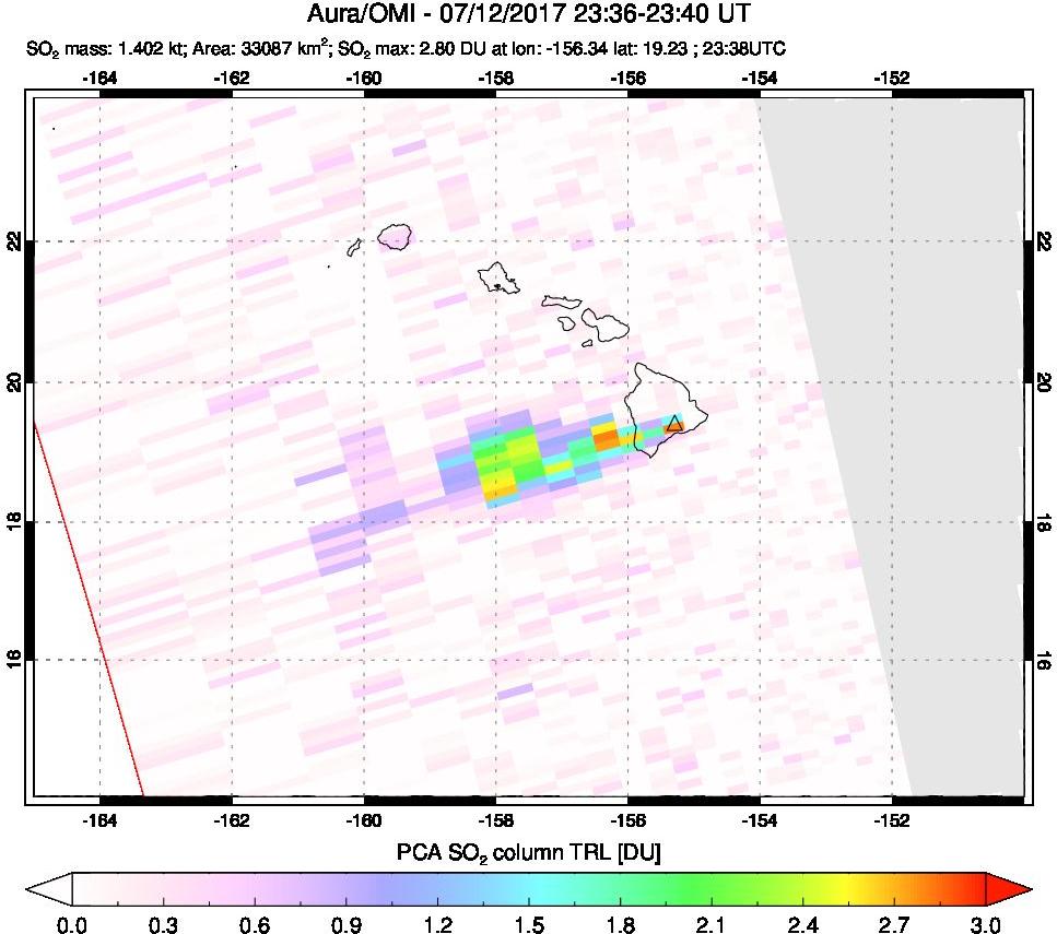 A sulfur dioxide image over Hawaii, USA on Jul 12, 2017.