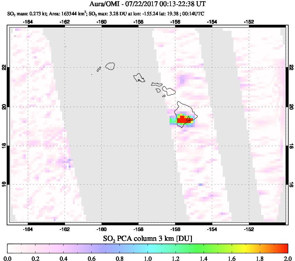 A sulfur dioxide image over Hawaii, USA on Jul 22, 2017.