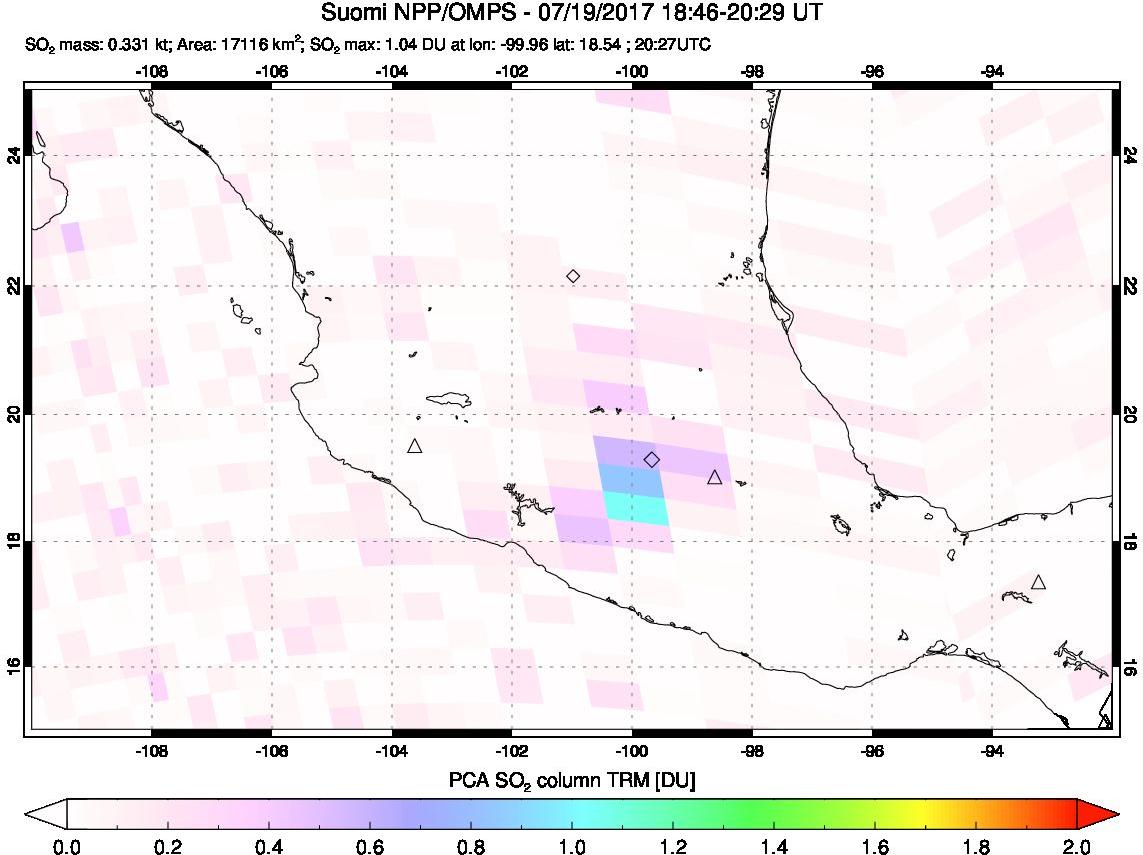 A sulfur dioxide image over Mexico on Jul 19, 2017.