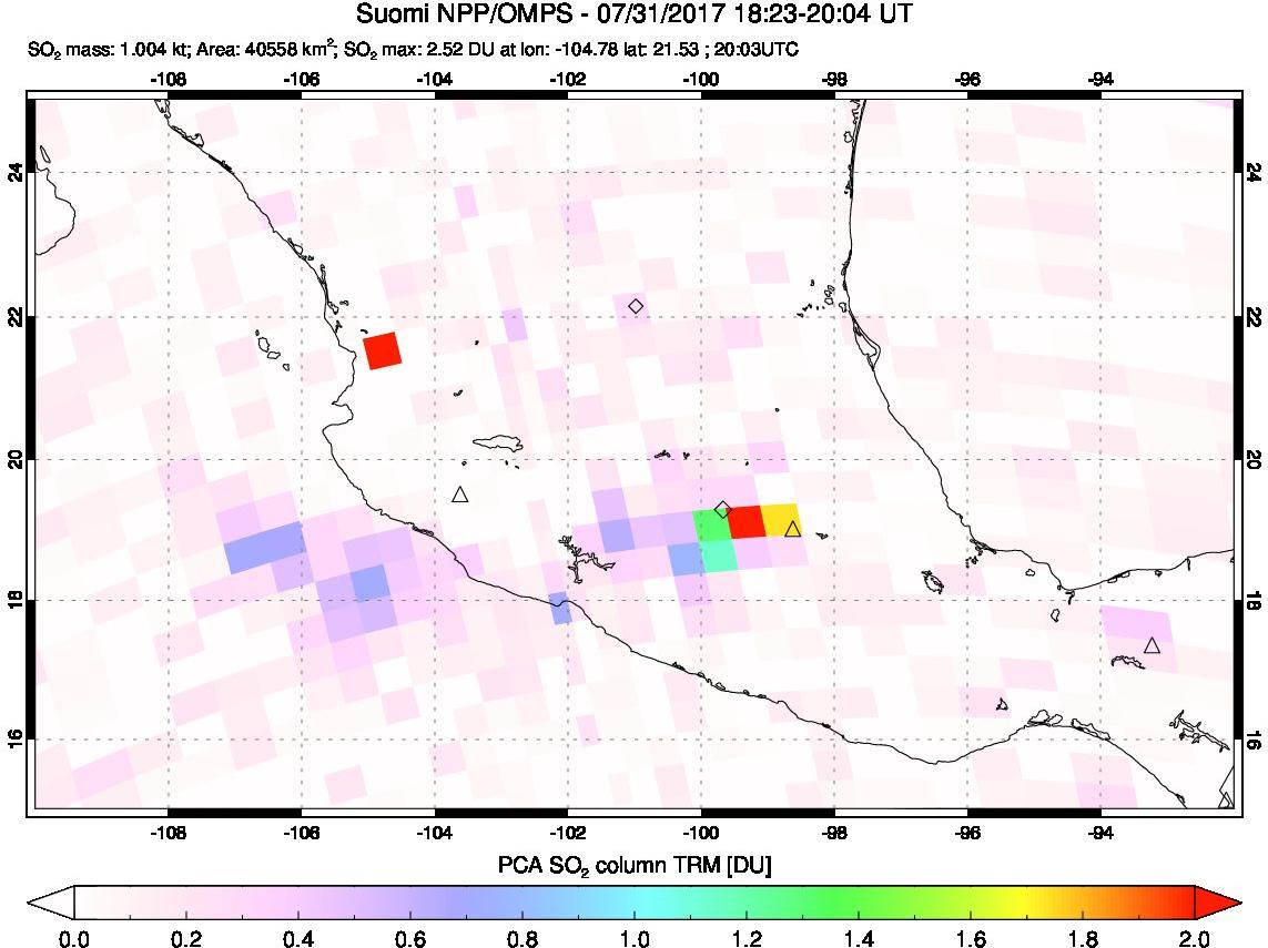 A sulfur dioxide image over Mexico on Jul 31, 2017.