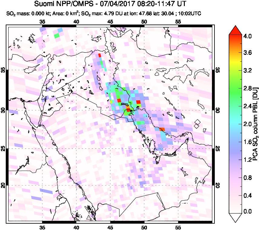 A sulfur dioxide image over Middle East on Jul 04, 2017.