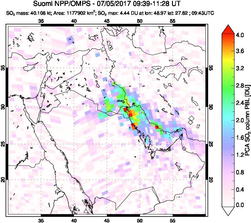 A sulfur dioxide image over Middle East on Jul 05, 2017.