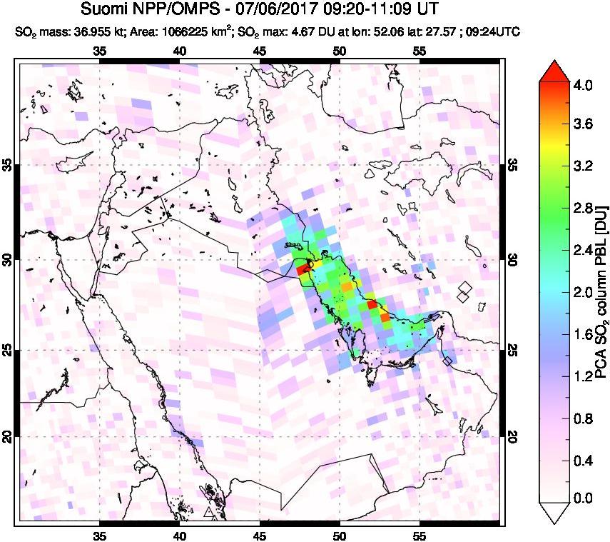 A sulfur dioxide image over Middle East on Jul 06, 2017.