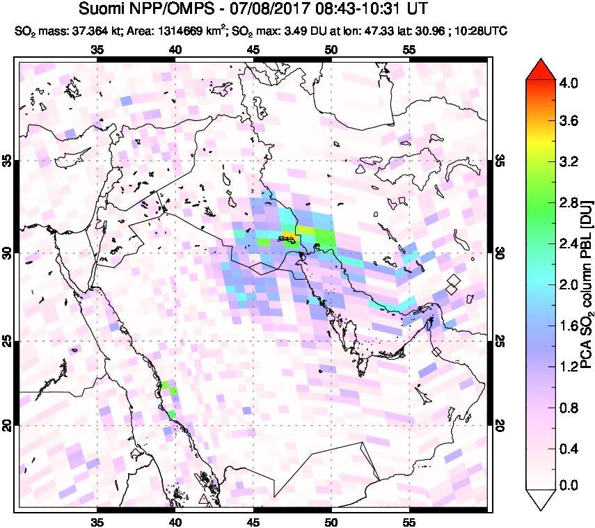 A sulfur dioxide image over Middle East on Jul 08, 2017.