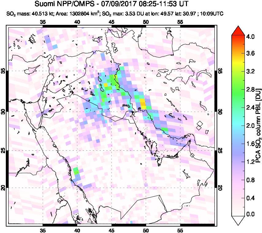A sulfur dioxide image over Middle East on Jul 09, 2017.