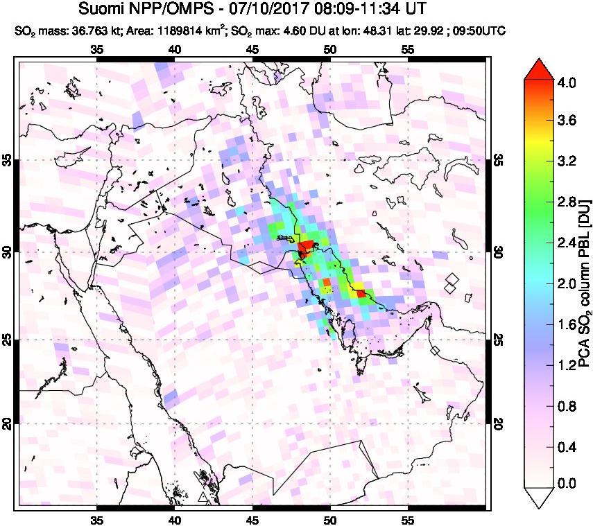 A sulfur dioxide image over Middle East on Jul 10, 2017.
