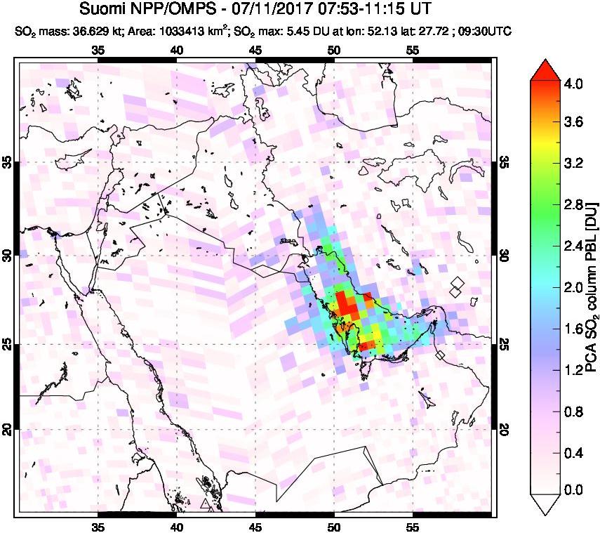A sulfur dioxide image over Middle East on Jul 11, 2017.