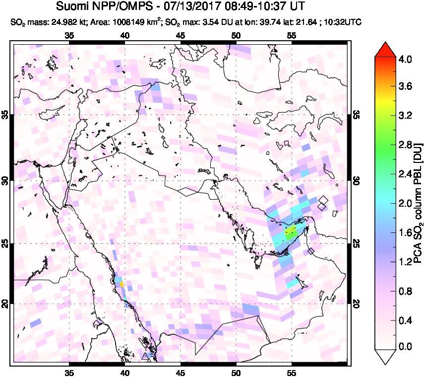 A sulfur dioxide image over Middle East on Jul 13, 2017.