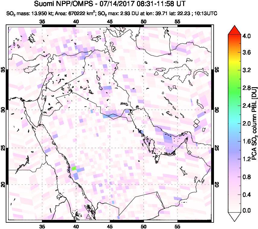 A sulfur dioxide image over Middle East on Jul 14, 2017.