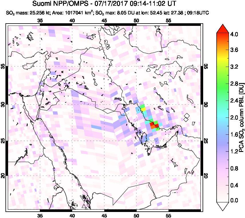 A sulfur dioxide image over Middle East on Jul 17, 2017.