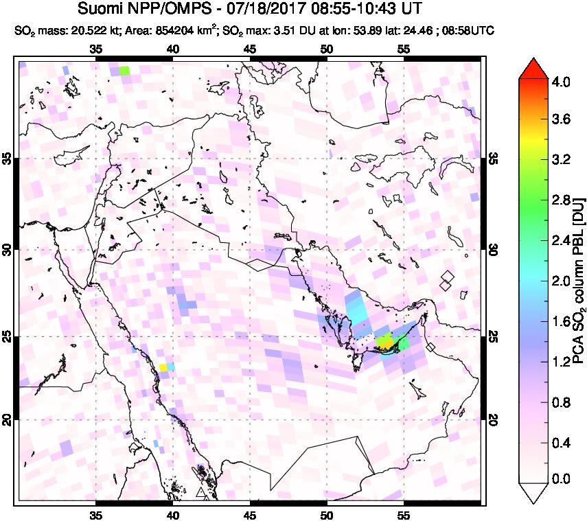 A sulfur dioxide image over Middle East on Jul 18, 2017.