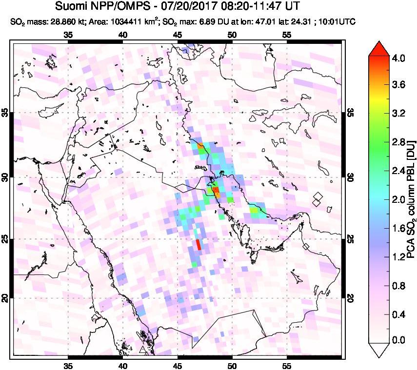 A sulfur dioxide image over Middle East on Jul 20, 2017.