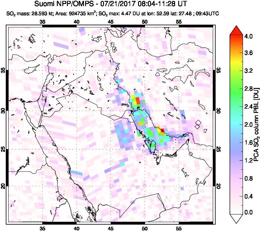 A sulfur dioxide image over Middle East on Jul 21, 2017.