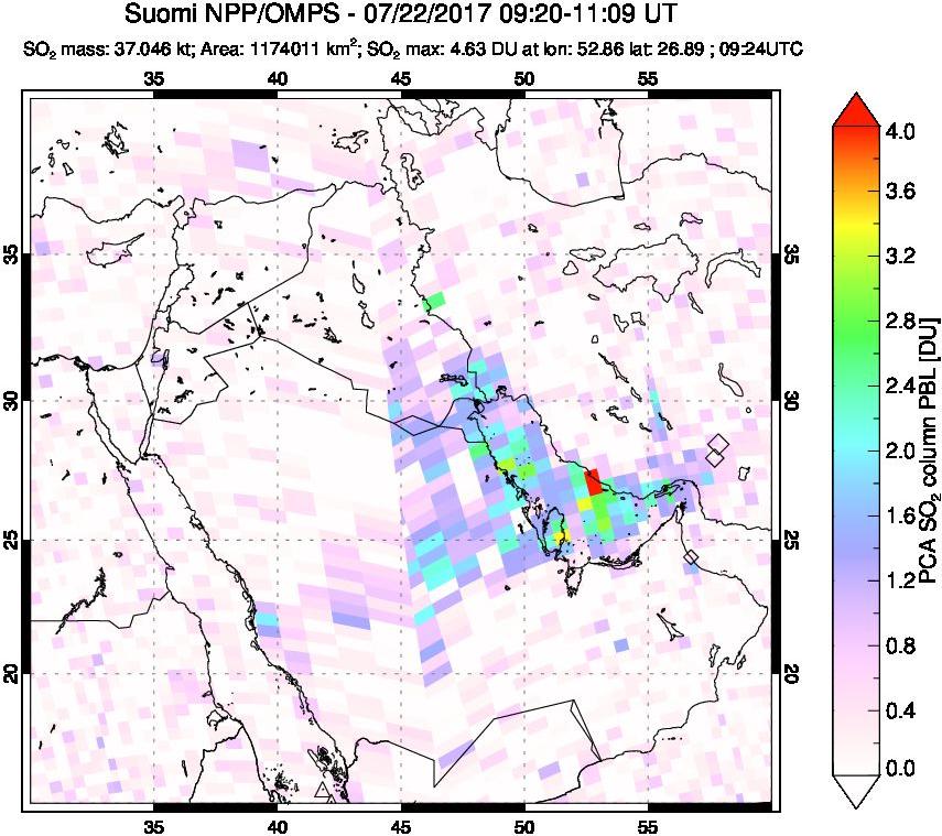 A sulfur dioxide image over Middle East on Jul 22, 2017.