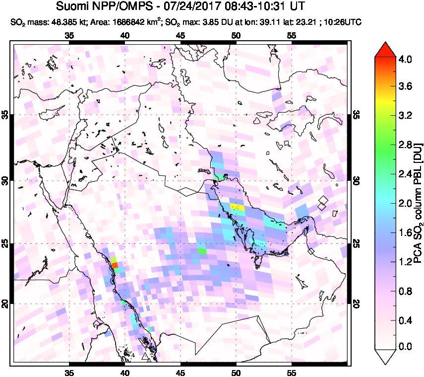 A sulfur dioxide image over Middle East on Jul 24, 2017.