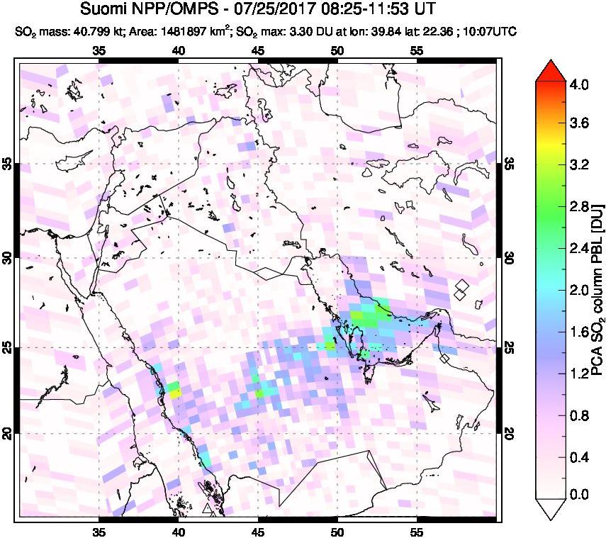 A sulfur dioxide image over Middle East on Jul 25, 2017.