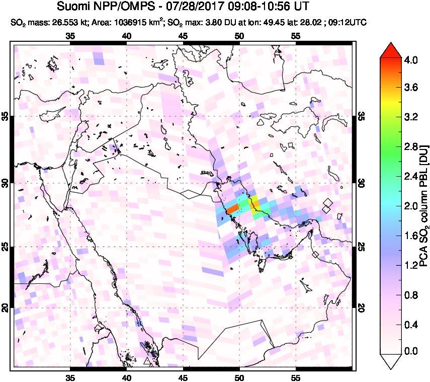 A sulfur dioxide image over Middle East on Jul 28, 2017.
