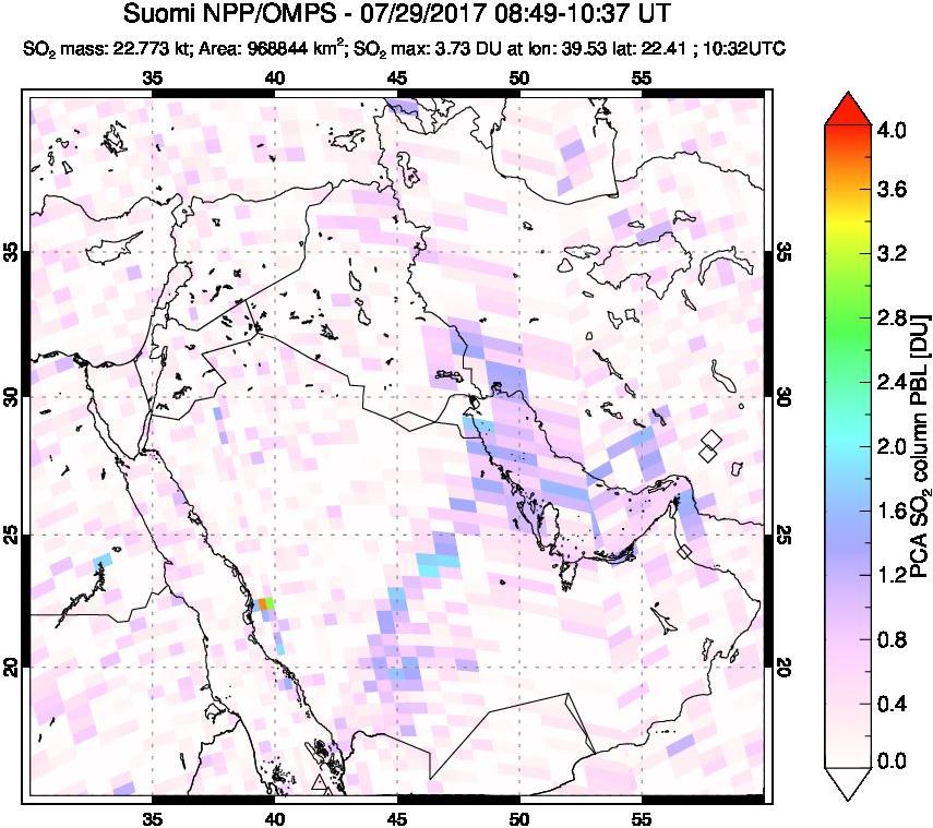 A sulfur dioxide image over Middle East on Jul 29, 2017.