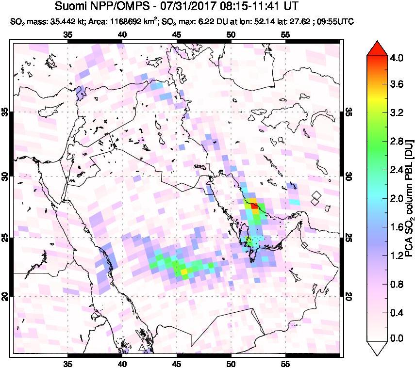 A sulfur dioxide image over Middle East on Jul 31, 2017.