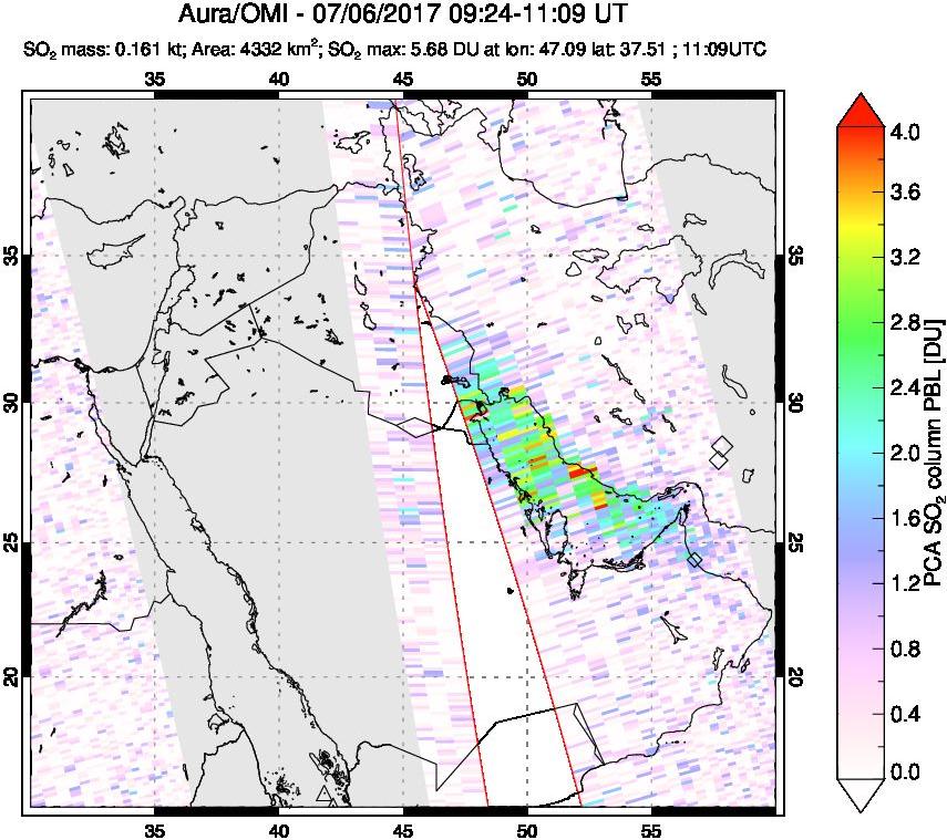 A sulfur dioxide image over Middle East on Jul 06, 2017.