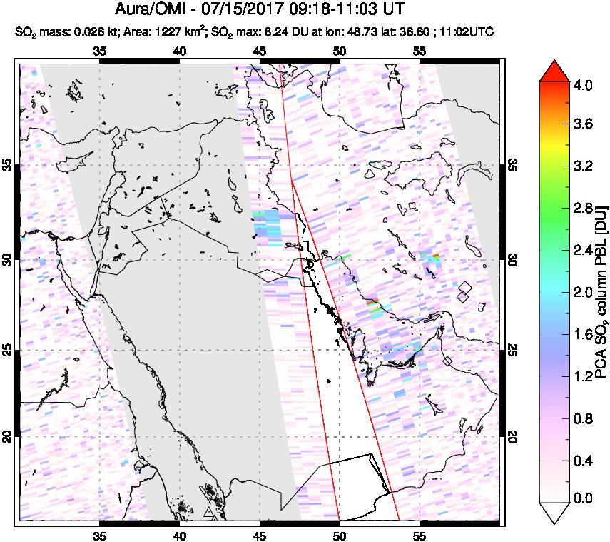A sulfur dioxide image over Middle East on Jul 15, 2017.