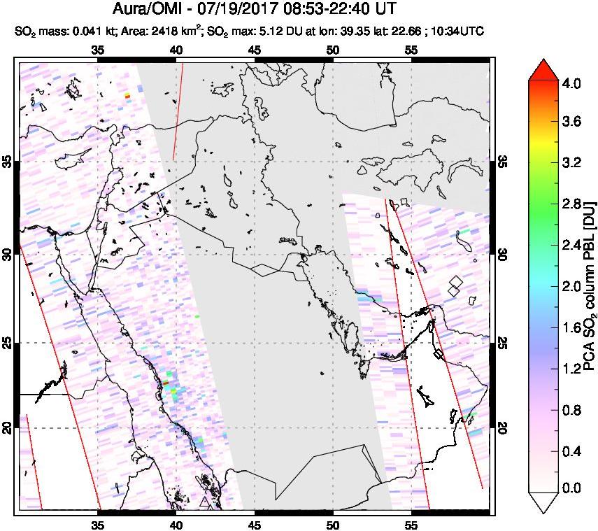 A sulfur dioxide image over Middle East on Jul 19, 2017.