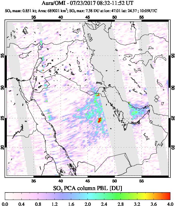 A sulfur dioxide image over Middle East on Jul 23, 2017.