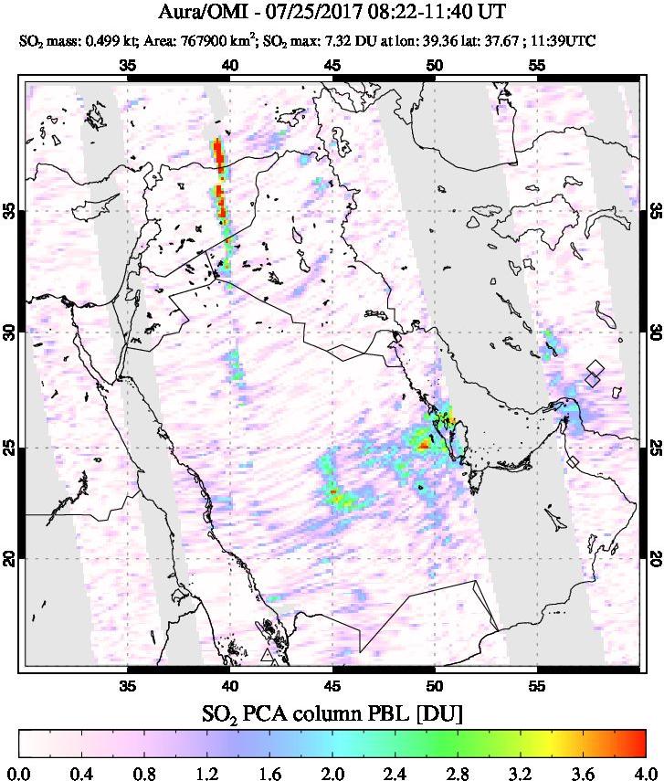 A sulfur dioxide image over Middle East on Jul 25, 2017.