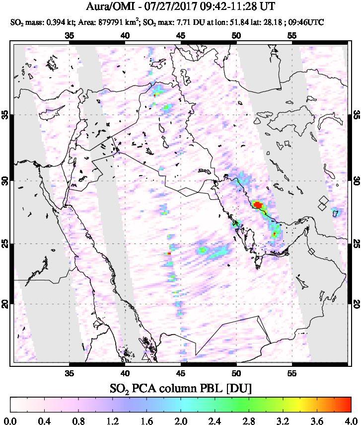 A sulfur dioxide image over Middle East on Jul 27, 2017.