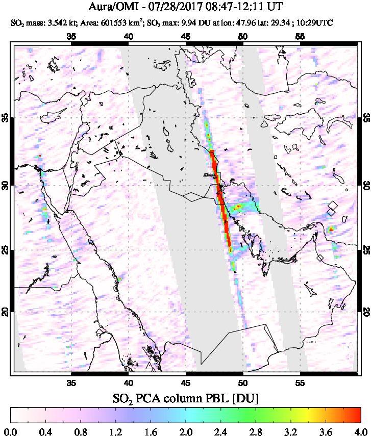A sulfur dioxide image over Middle East on Jul 28, 2017.