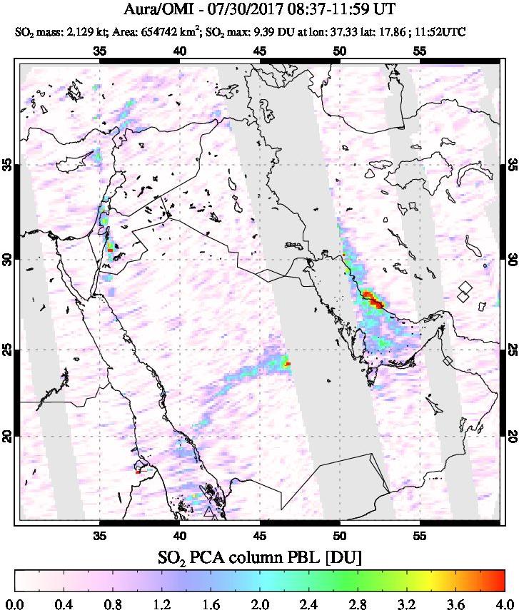 A sulfur dioxide image over Middle East on Jul 30, 2017.