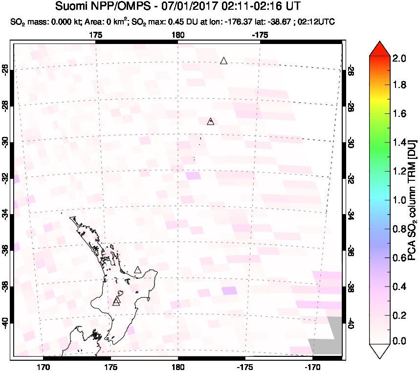 A sulfur dioxide image over New Zealand on Jul 01, 2017.