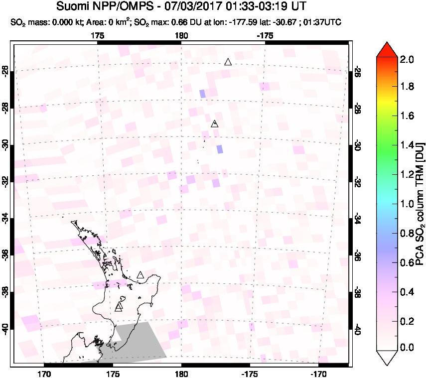 A sulfur dioxide image over New Zealand on Jul 03, 2017.
