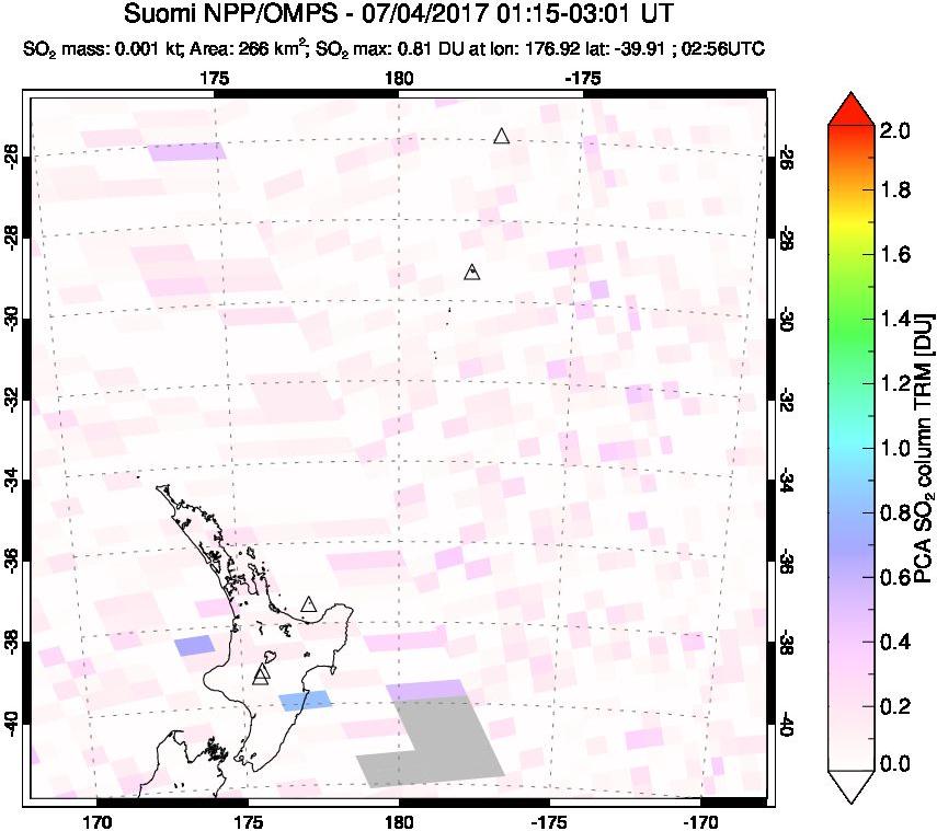 A sulfur dioxide image over New Zealand on Jul 04, 2017.