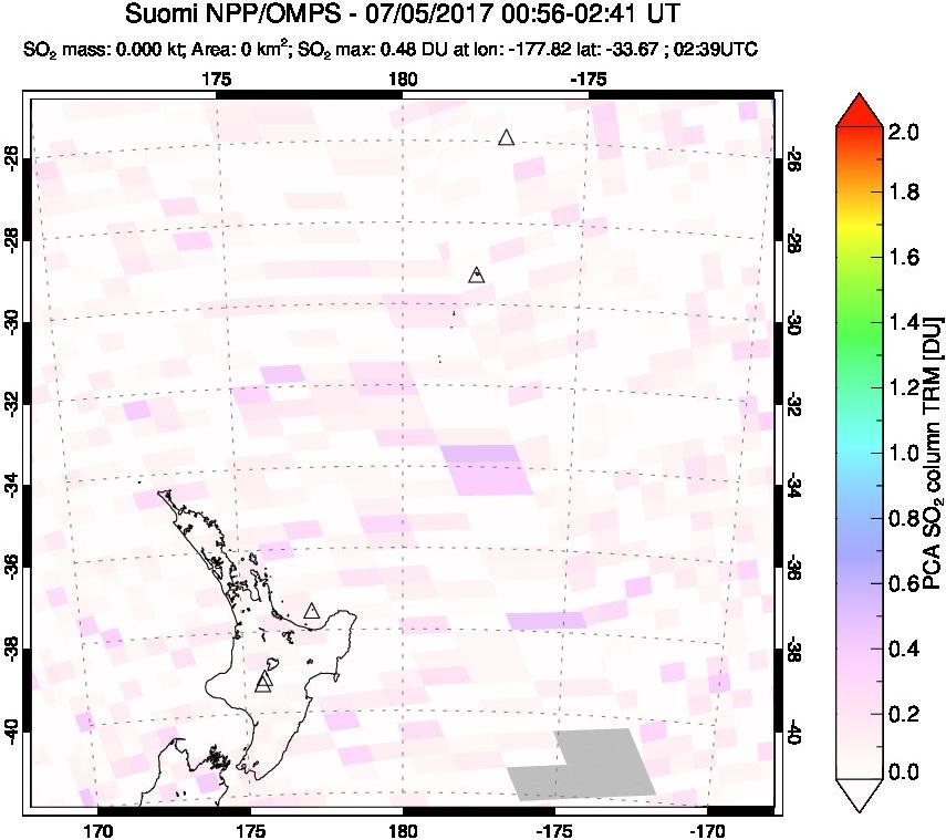A sulfur dioxide image over New Zealand on Jul 05, 2017.