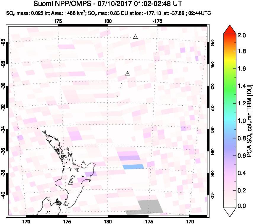 A sulfur dioxide image over New Zealand on Jul 10, 2017.
