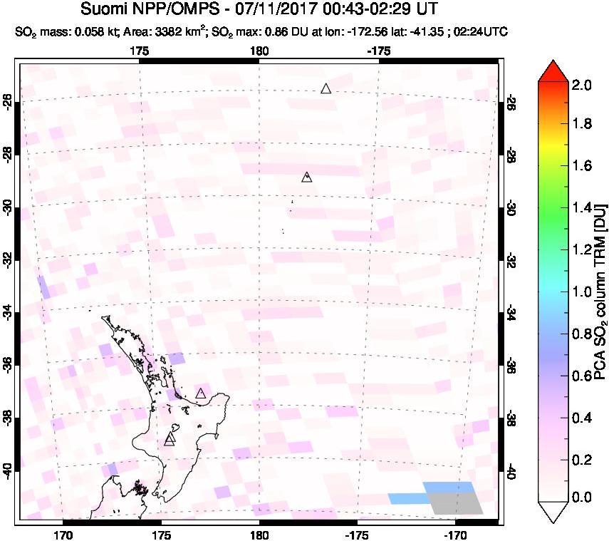 A sulfur dioxide image over New Zealand on Jul 11, 2017.